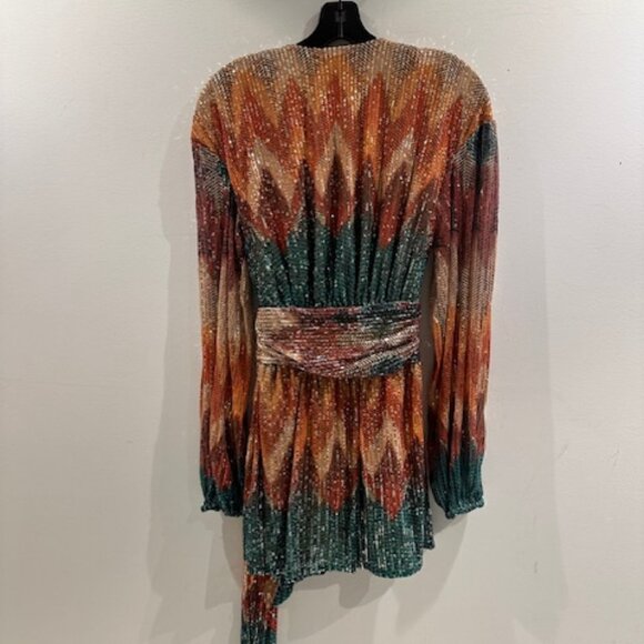 RAMY BROOK MICHAELA MULTI CHEVRON SEQUIN TIE FRONT LONG SLEEVE MINI DRESS SIZE M - Picture 6 of 7
